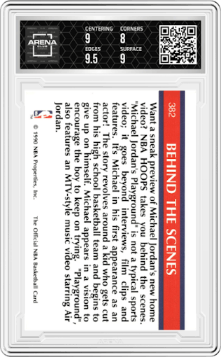 Michael Jordan from the 1990-91 NBA Hoops set graded by Arena Club and given an overall grade of 8.5.