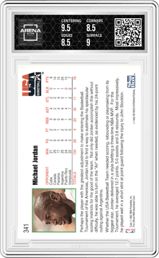 Michael Jordan from the 1992-93 NBA Hoops set graded by Arena Club and given an overall grade of 9.