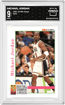 Michael Jordan from the 1992-93 NBA Hoops set graded by Arena Club and given an overall grade of 9.