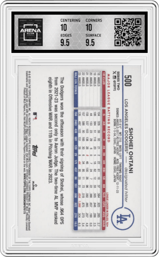 Shohei Ohtani from the 2024 Topps  set graded by Arena Club and given an overall grade of 10.