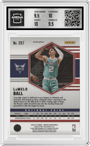 LaMelo Ball from the 2020-21 Panini Mosaic set featuring a Green Mosaic parallel graded by Arena Club and given an overall grade of 10.