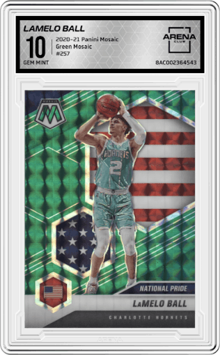 LaMelo Ball from the 2020-21 Panini Mosaic set featuring a Green Mosaic parallel graded by Arena Club and given an overall grade of 10.