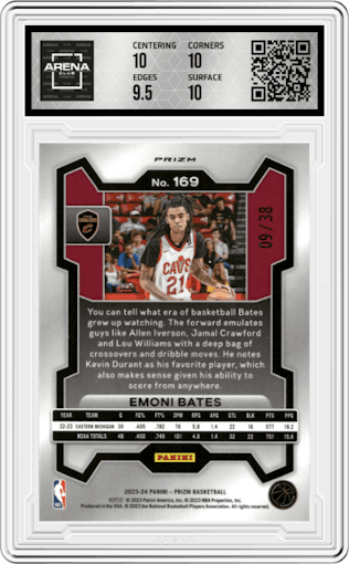 Emoni Bates from the 2023-24 Panini Prizm set featuring a White Wave parallel graded by Arena Club and given an overall grade of 10.