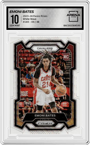 Emoni Bates from the 2023-24 Panini Prizm set featuring a White Wave parallel graded by Arena Club and given an overall grade of 10.