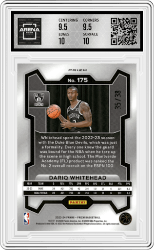 Dariq Whitehead from the 2023-24 Panini Prizm set featuring a White Wave parallel graded by Arena Club and given an overall grade of 10.