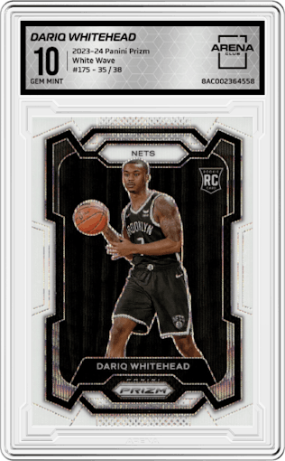 Dariq Whitehead from the 2023-24 Panini Prizm set featuring a White Wave parallel graded by Arena Club and given an overall grade of 10.