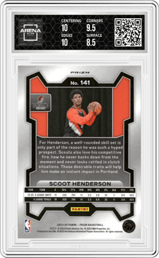 Scoot Henderson from the 2023-24 Panini Prizm set featuring a Pink Ice parallel graded by Arena Club and given an overall grade of 9.