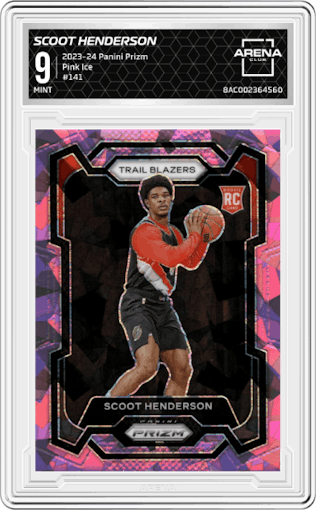 Scoot Henderson from the 2023-24 Panini Prizm set featuring a Pink Ice parallel graded by Arena Club and given an overall grade of 9.
