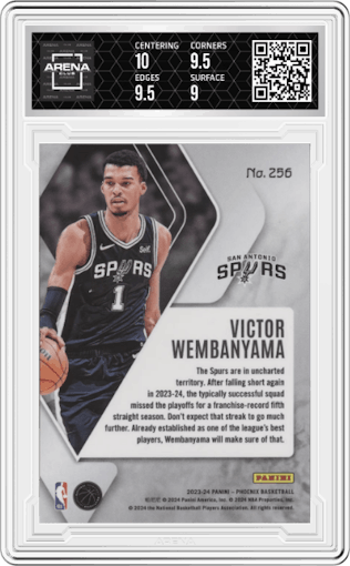 Victor Wembanyama from the 2023-24 Panini Phoenix set graded by Arena Club and given an overall grade of 9.5.