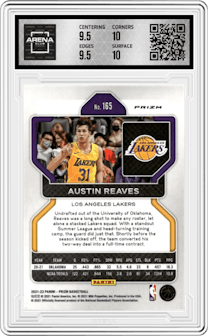 Austin Reaves from the 2021-22 Panini Prizm  set featuring a Silver Wave parallel graded by Arena Club and given an overall grade of 10.
