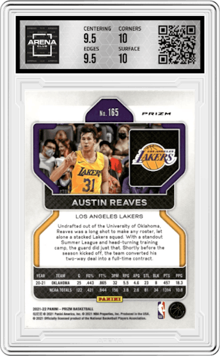 Austin Reaves from the 2021-22 Panini Prizm  set featuring a Silver Wave parallel graded by Arena Club and given an overall grade of 10.