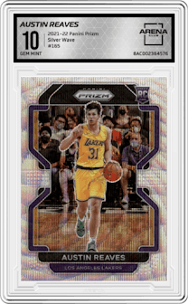 Austin Reaves from the 2021-22 Panini Prizm  set featuring a Silver Wave parallel graded by Arena Club and given an overall grade of 10.