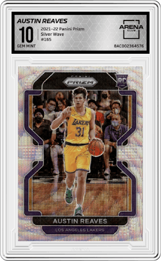 Austin Reaves from the 2021-22 Panini Prizm  set featuring a Silver Wave parallel graded by Arena Club and given an overall grade of 10.