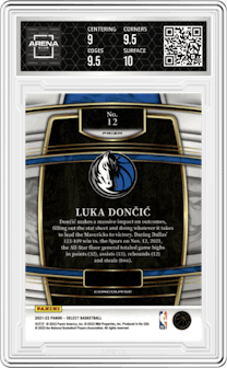 Luka Doncic from the 2021-22 Panini Select set featuring a Red Wave parallel graded by Arena Club and given an overall grade of 9.5.
