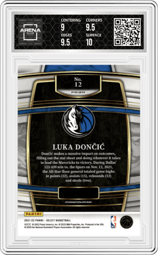 Luka Doncic from the 2021-22 Panini Select set featuring a Red Wave parallel graded by Arena Club and given an overall grade of 9.5.