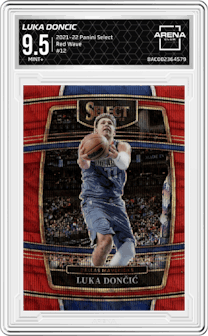 Luka Doncic from the 2021-22 Panini Select set featuring a Red Wave parallel graded by Arena Club and given an overall grade of 9.5.