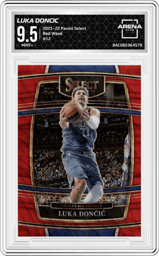 Luka Doncic from the 2021-22 Panini Select set featuring a Red Wave parallel graded by Arena Club and given an overall grade of 9.5.