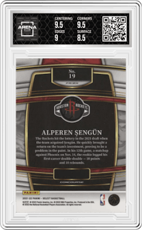 Alperen Sengun from the 2021-22 Panini Select set featuring a Red Wave parallel graded by Arena Club and given an overall grade of 9.