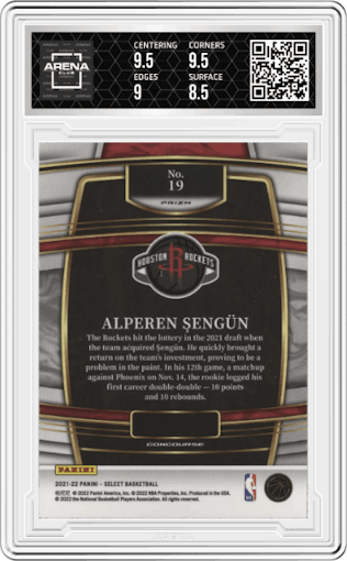 Alperen Sengun from the 2021-22 Panini Select set featuring a Red Wave parallel graded by Arena Club and given an overall grade of 9.