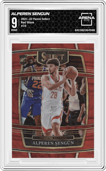 Alperen Sengun from the 2021-22 Panini Select set featuring a Red Wave parallel graded by Arena Club and given an overall grade of 9.