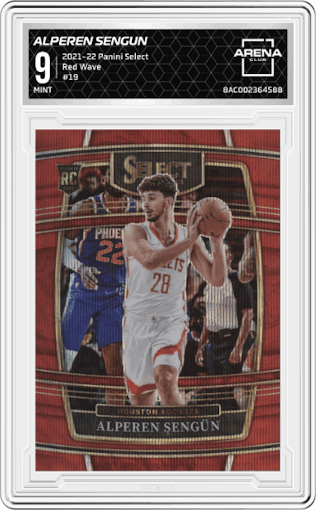 Alperen Sengun from the 2021-22 Panini Select set featuring a Red Wave parallel graded by Arena Club and given an overall grade of 9.