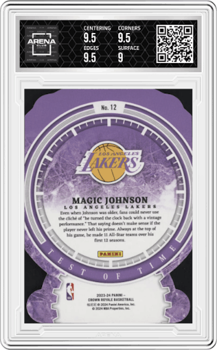 Magic Johnson from the 2023-24 Panini Crown Royale  set featuring a Red parallel graded by Arena Club and given an overall grade of 9.5.