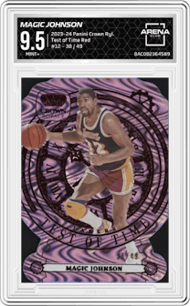 Magic Johnson from the 2023-24 Panini Crown Royale  set featuring a Red parallel graded by Arena Club and given an overall grade of 9.5.