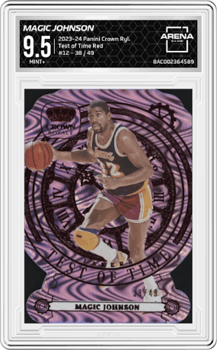 Magic Johnson from the 2023-24 Panini Crown Royale  set featuring a Red parallel graded by Arena Club and given an overall grade of 9.5.