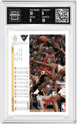Michael Jordan from the 1991-92 Upper Deck set graded by Arena Club and given an overall grade of 9.5.
