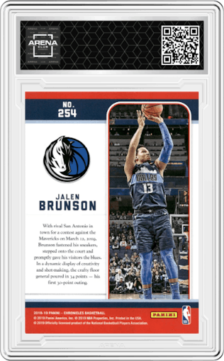 Jalen Brunson from the 2018-19 Panini Chronicles set featuring a Green parallel graded by Arena Club.