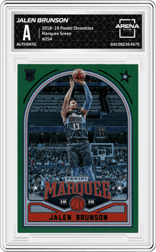 Jalen Brunson from the 2018-19 Panini Chronicles set featuring a Green parallel graded by Arena Club.