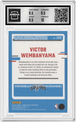 Victor Wembanyama from the 2023-24 Donruss Optic set graded by Arena Club and given an overall grade of 10.