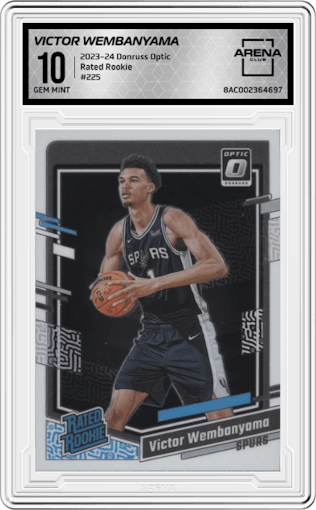 Victor Wembanyama from the 2023-24 Donruss Optic set graded by Arena Club and given an overall grade of 10.