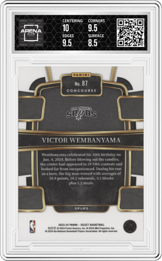 Victor Wembanyama from the 2023-24 Panini Select  set featuring a Blue Retail parallel graded by Arena Club and given an overall grade of 9.
