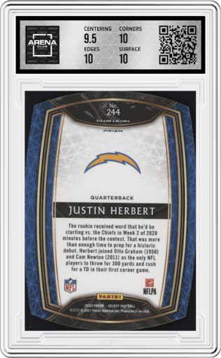 Justin Herbert from the 2020 Panini Select set featuring a Die-Cut Purple parallel graded by Arena Club and given an overall grade of 10.