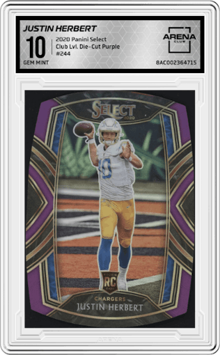 Justin Herbert from the 2020 Panini Select set featuring a Die-Cut Purple parallel graded by Arena Club and given an overall grade of 10.