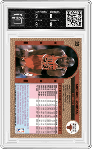 Michael Jordan from the 1992-93 Fleer  set graded by Arena Club and given an overall grade of 8.5.