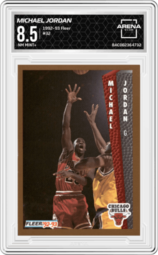 Michael Jordan from the 1992-93 Fleer  set graded by Arena Club and given an overall grade of 8.5.
