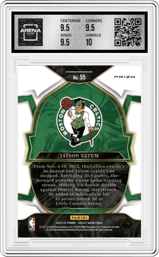 Jayson Tatum from the 2022-23 Panini Select set featuring a Red Wave parallel graded by Arena Club and given an overall grade of 10.