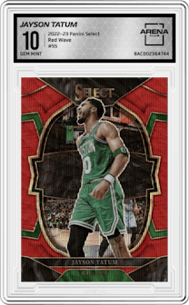 Jayson Tatum from the 2022-23 Panini Select set featuring a Red Wave parallel graded by Arena Club and given an overall grade of 10.
