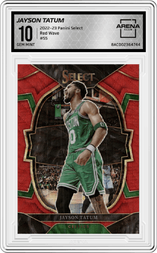 Jayson Tatum from the 2022-23 Panini Select set featuring a Red Wave parallel graded by Arena Club and given an overall grade of 10.