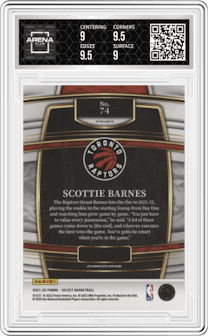 Scottie Barnes from the 2021-22 Panini Select set featuring a Silver Prizm parallel graded by Arena Club and given an overall grade of 9.5.