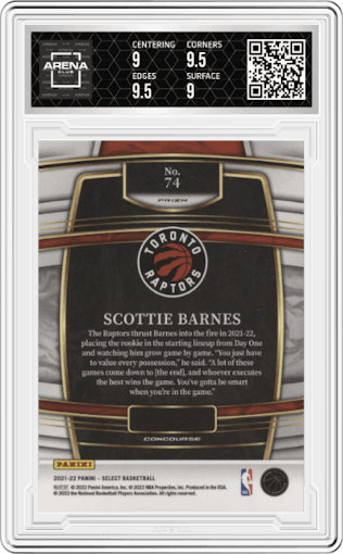 Scottie Barnes from the 2021-22 Panini Select set featuring a Silver Prizm parallel graded by Arena Club and given an overall grade of 9.5.