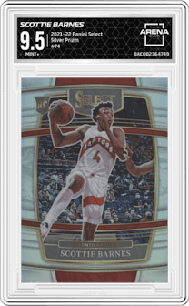 Scottie Barnes from the 2021-22 Panini Select set featuring a Silver Prizm parallel graded by Arena Club and given an overall grade of 9.5.