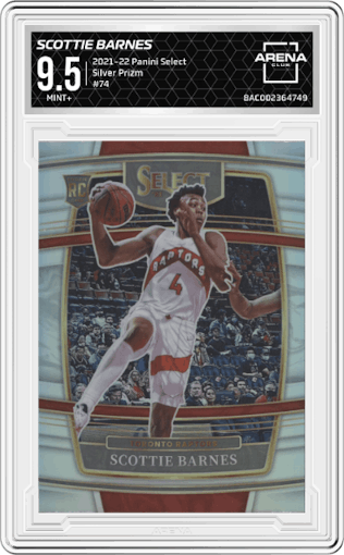 Scottie Barnes from the 2021-22 Panini Select set featuring a Silver Prizm parallel graded by Arena Club and given an overall grade of 9.5.