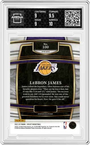 LeBron James from the 2021-22 Panini Select set featuring a Red Wave parallel graded by Arena Club and given an overall grade of 9.5.