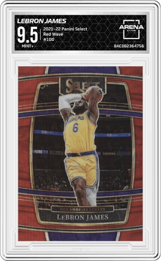 LeBron James from the 2021-22 Panini Select set featuring a Red Wave parallel graded by Arena Club and given an overall grade of 9.5.