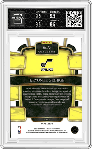 Keyonte George from the 2023-24 Panini Select  set featuring a Orange Tectonic parallel graded by Arena Club and given an overall grade of 9.5.