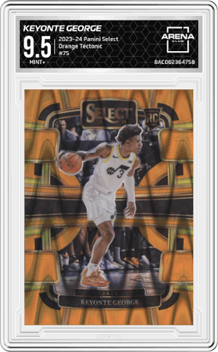 Keyonte George from the 2023-24 Panini Select  set featuring a Orange Tectonic parallel graded by Arena Club and given an overall grade of 9.5.