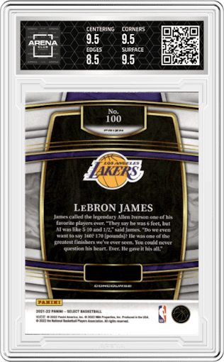 LeBron James from the 2021-22 Panini Select set featuring a Red Wave parallel graded by Arena Club and given an overall grade of 9.